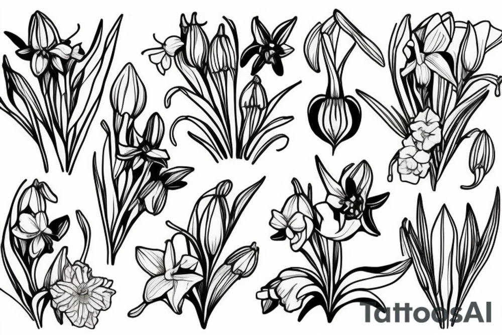 honeysuckle, daffodil, poppy, gladiolus,  lily of the valley, and rose. tattoo idea