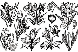 honeysuckle, daffodil, poppy, gladiolus,  lily of the valley, and rose. tattoo idea