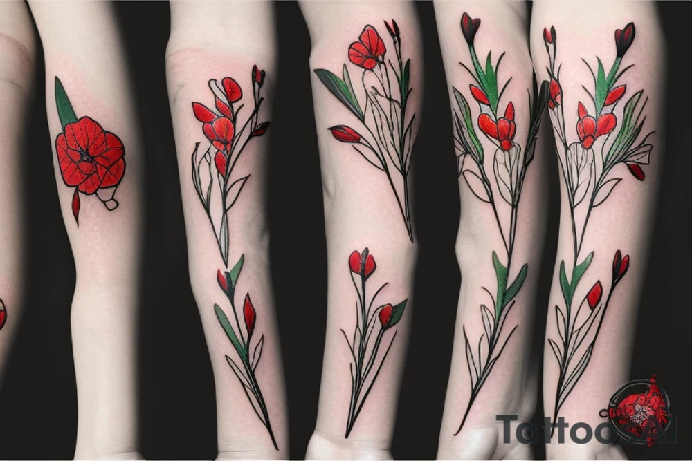 honeysuckle, daffodil, poppy, gladiolus,  lily of the valley, and rose. tattoo idea