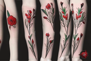 honeysuckle, daffodil, poppy, gladiolus,  lily of the valley, and rose. tattoo idea