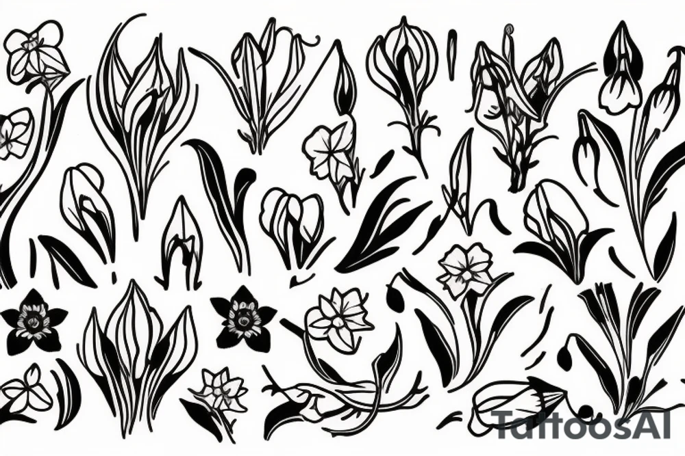 Garden with honeysuckle, daffodil, poppy, gladiolus,  lily of the valley, and rose. tattoo idea