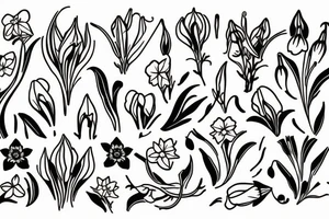 Garden with honeysuckle, daffodil, poppy, gladiolus,  lily of the valley, and rose. tattoo idea