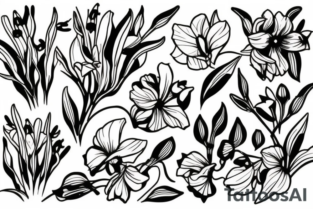 Garden with honeysuckle, daffodil, poppy, gladiolus,  lily of the valley, and rose. tattoo idea