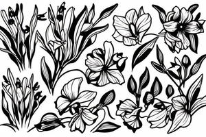 Garden with honeysuckle, daffodil, poppy, gladiolus,  lily of the valley, and rose. tattoo idea