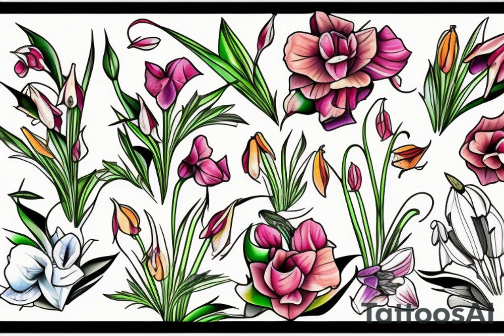 Garden with honeysuckle, daffodil, poppy, gladiolus,  lily of the valley, and rose. tattoo idea