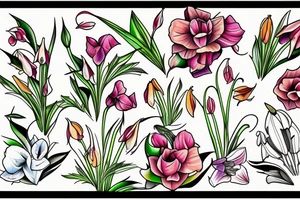 Garden with honeysuckle, daffodil, poppy, gladiolus,  lily of the valley, and rose. tattoo idea