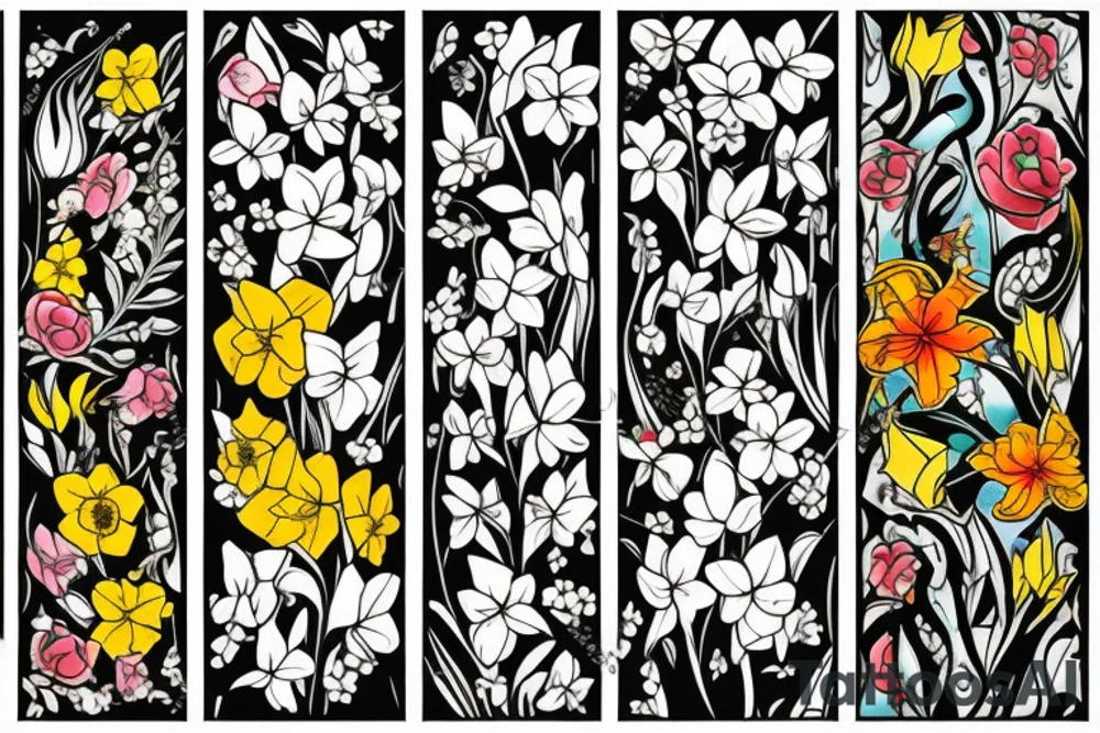Garden with honeysuckle, daffodil, poppy, gladiolus,  lily of the valley, and rose. tattoo idea