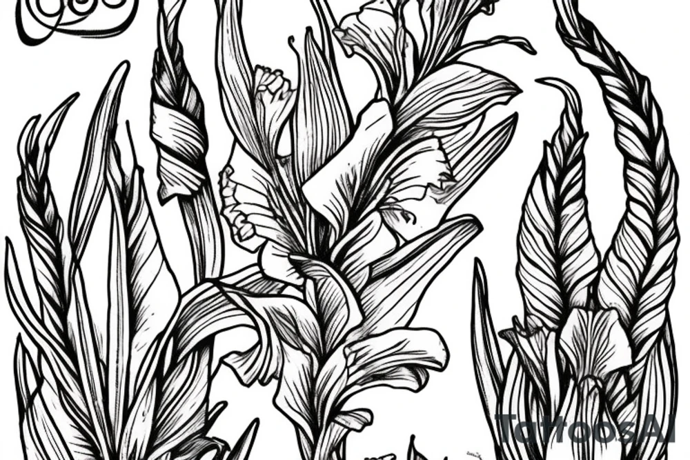 Gladiolus with Brady written in cursive down the stem tattoo idea