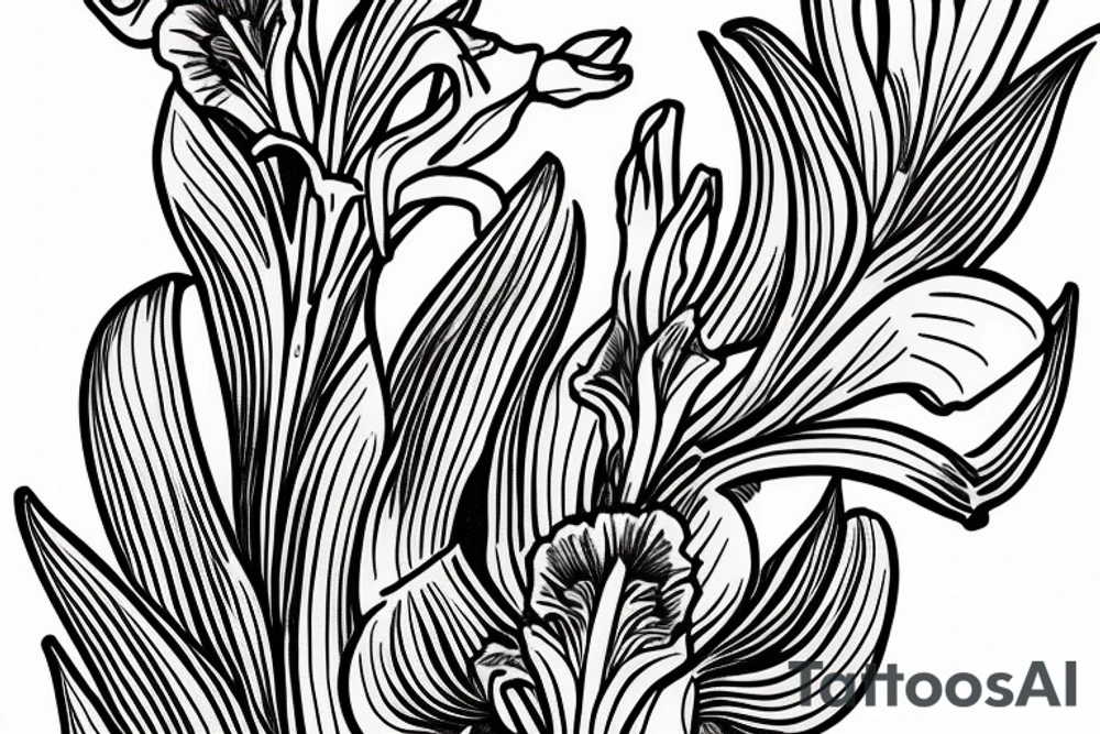 Gladiolus with Brady written in cursive down the stem tattoo idea