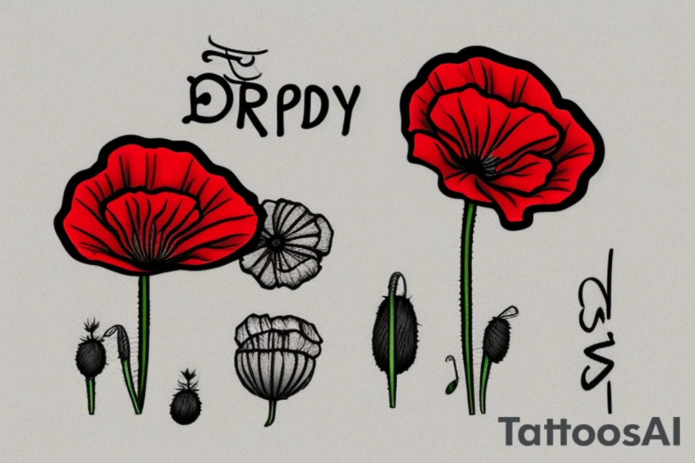 Small cartoon poppy flower with “Brady” written in cursive down the stem tattoo idea