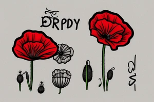 Small cartoon poppy flower with “Brady” written in cursive down the stem tattoo idea