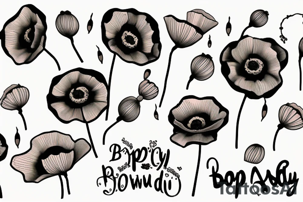 Small cartoon poppy flower with “Brady” written in cursive down the stem tattoo idea