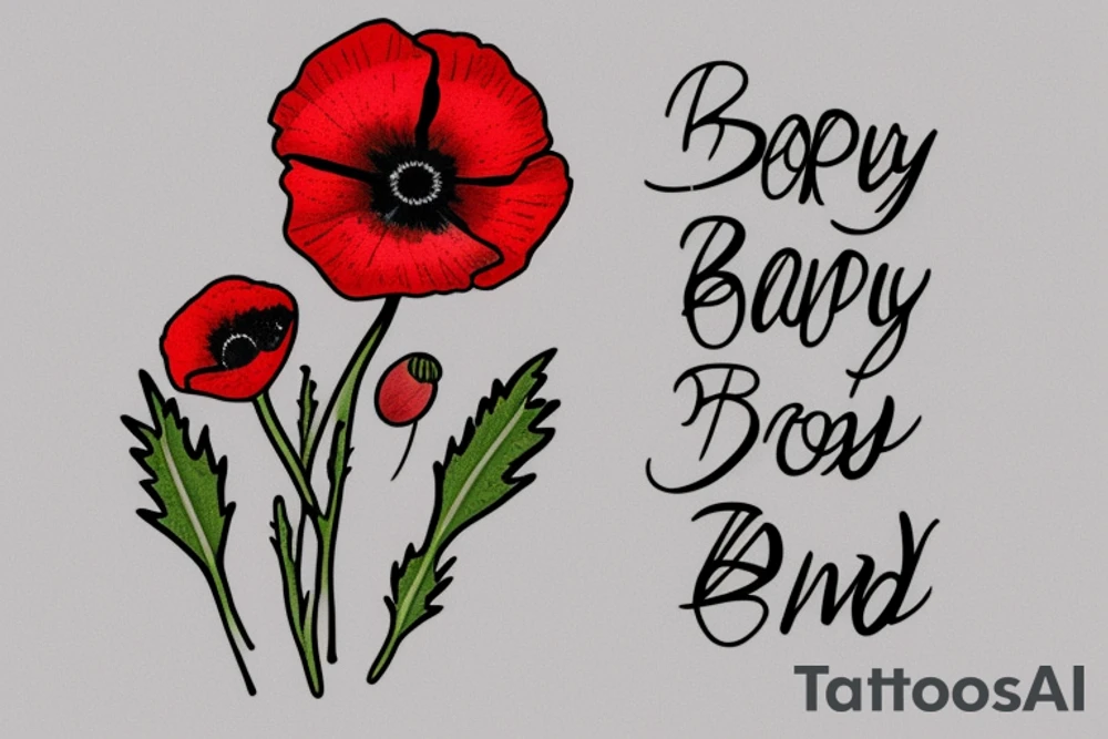 Small poppy flower with the name “Brady” written in cursive down the stem of the flower. tattoo idea