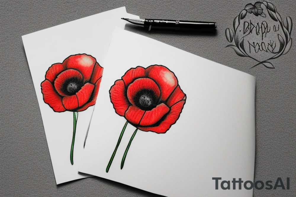 Small poppy flower with the name “Brady” written in cursive, sideways down the stem of the flower. tattoo idea