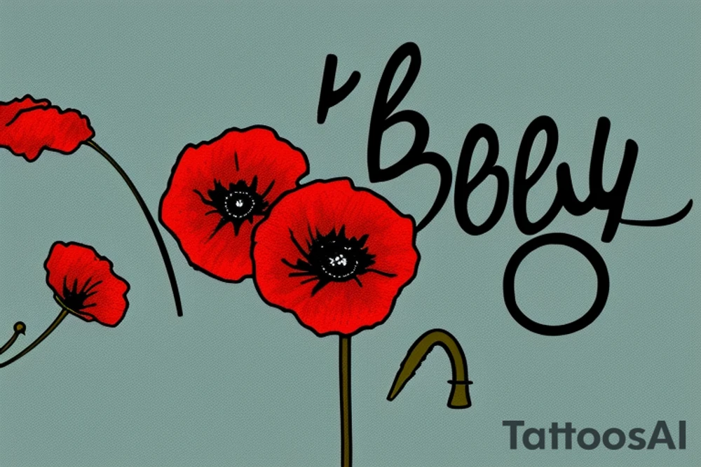 Small poppy flower with the name “Brady” written in cursive, sideways down the stem of the flower. tattoo idea