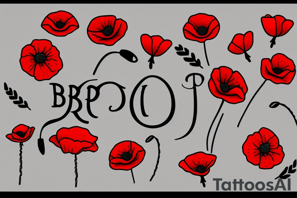Small poppy flower with the name “Brady” tattoo idea