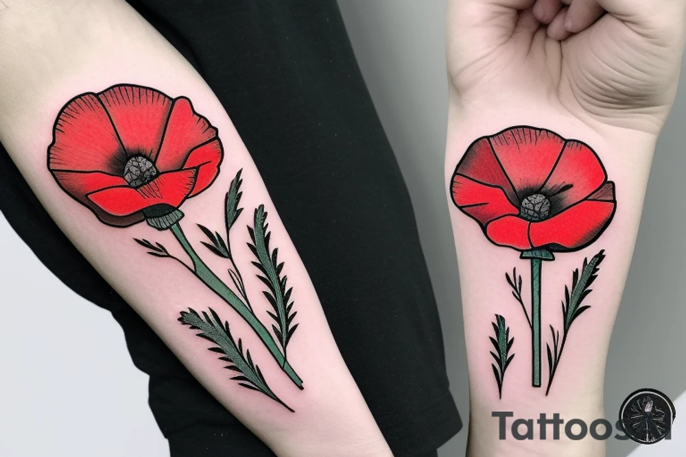 Poppy flower with “Brady” on the stem tattoo idea