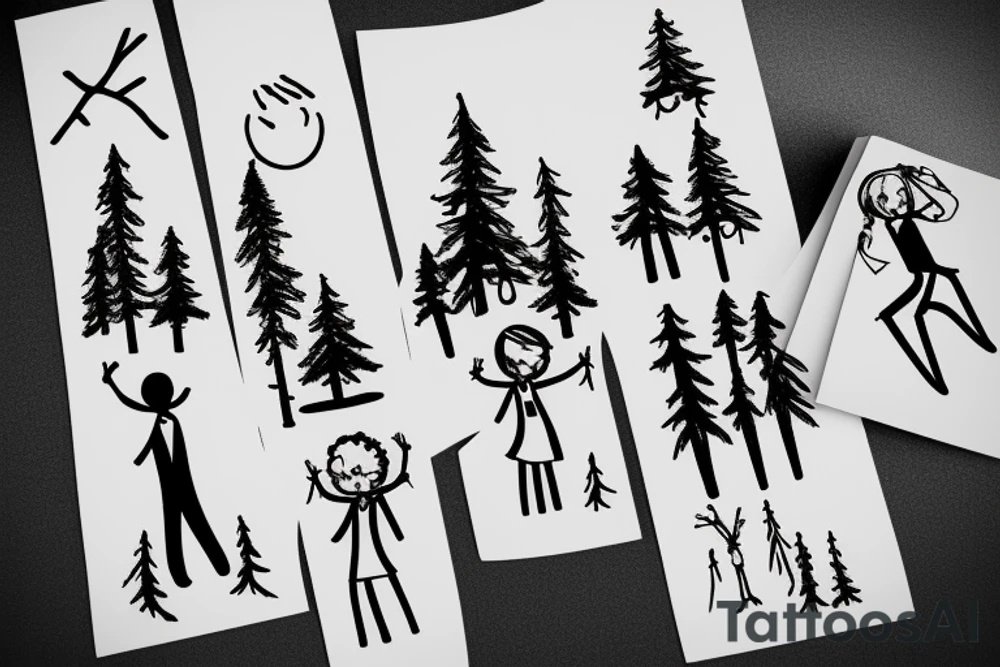 Mountains, trees, stick family with dad, mum little girl and little boy holding hands tattoo idea