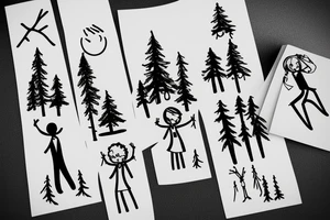 Mountains, trees, stick family with dad, mum little girl and little boy holding hands tattoo idea