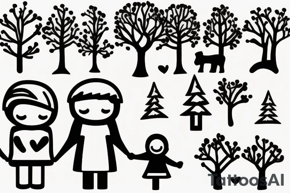 Mountains, trees, stick family with dad, mum little girl and little boy holding hands tattoo idea