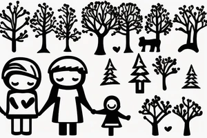 Mountains, trees, stick family with dad, mum little girl and little boy holding hands tattoo idea