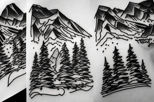 Snow capped Mountains and trees sketched, not abstract, small tattoo idea