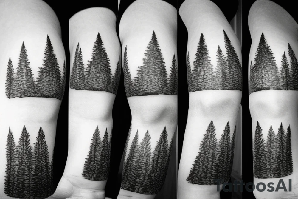 Line drawing of Snow capped Mountains and pine trees, not abstract, small tattoo idea