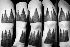 Line drawing of Snow capped Mountains and pine trees, not abstract, small tattoo idea