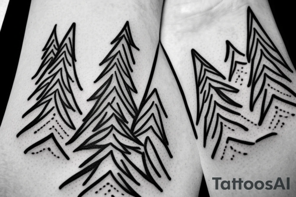 Line drawing of Snow capped Mountains and pine trees, not abstract, small tattoo idea