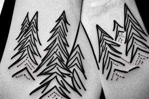 Line drawing of Snow capped Mountains and pine trees, not abstract, small tattoo idea