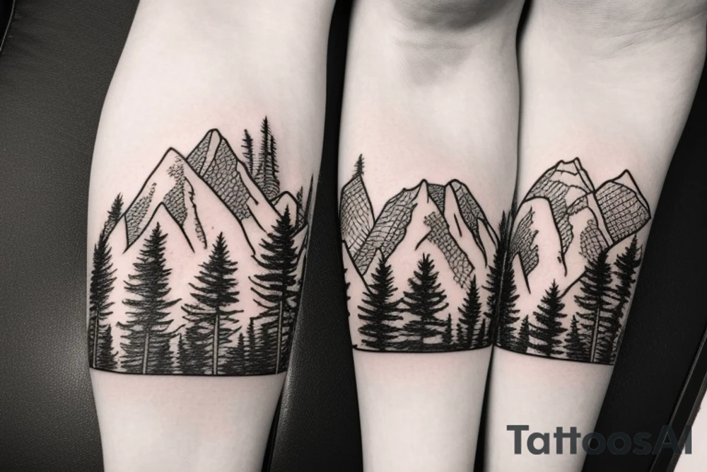 Line drawing of Snow capped Mountains and pine trees, not abstract, small. Make the mountains bigger than the treees tattoo idea