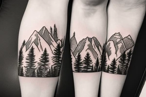 Line drawing of Snow capped Mountains and pine trees, not abstract, small. Make the mountains bigger than the treees tattoo idea