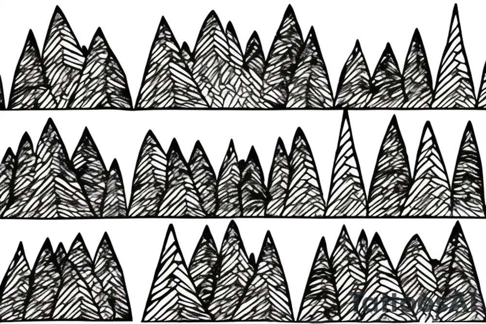 Line drawing of Snow capped Mountains and pine trees, not abstract, small. Make the mountains bigger than the treees tattoo idea