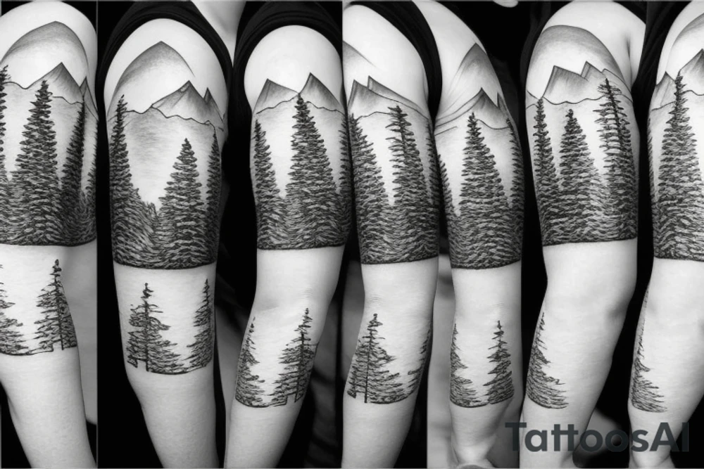 Line drawing of Snow capped Mountains and pine trees, not abstract, small. Make the mountains bigger than the trees, 3 mountain peaks and 5 trees tattoo idea