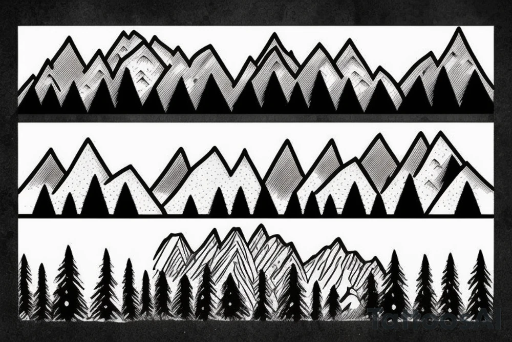 Line drawing of Snow capped Mountains and pine trees, small. Make the mountains bigger than the trees, 3 mountain peaks and 5 trees tattoo idea