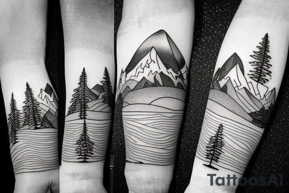 Line drawing of Snow capped Mountains and pine trees, small. Make the mountains bigger than the trees, 3 mountain peaks and 5 trees tattoo idea