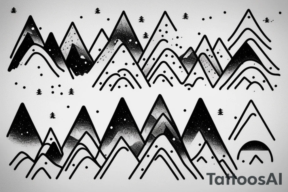 Line drawing of 3 snow capped mountains and 5 smaller pine trees. Simplistic and small tattoo idea