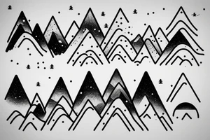 Line drawing of 3 snow capped mountains and 5 smaller pine trees. Simplistic and small tattoo idea