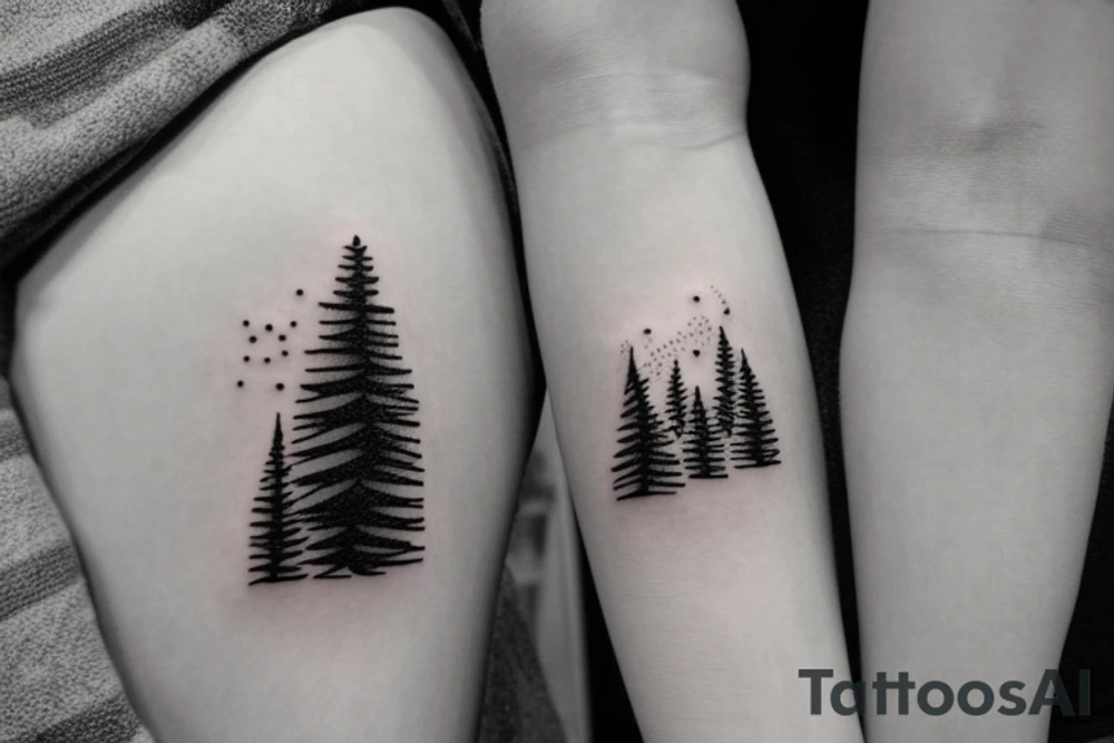Line drawing of 3 snow capped mountains and 5 smaller pine trees. Simplistic and small tattoo idea