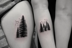 Line drawing of 3 snow capped mountains and 5 smaller pine trees. Simplistic and small tattoo idea
