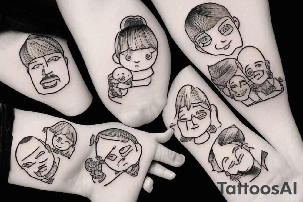 Line drawing of family with dad, mum, little girl and little boy tattoo idea