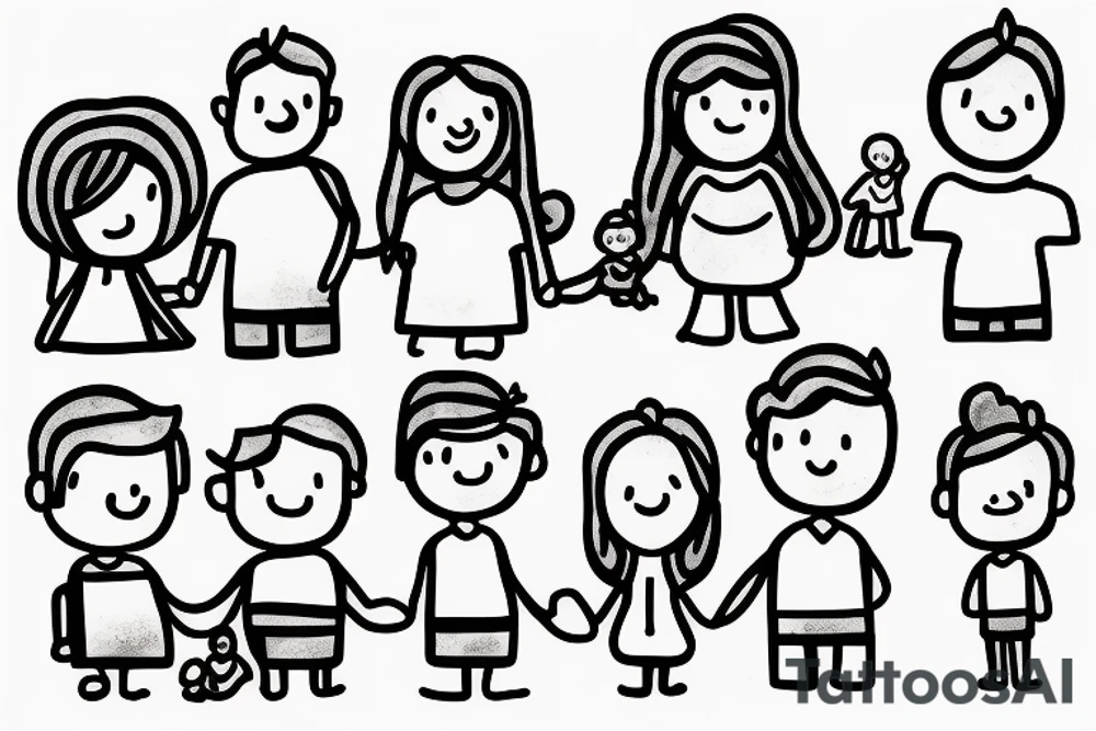Line drawing of family with dad, mum, little girl and little boy tattoo idea