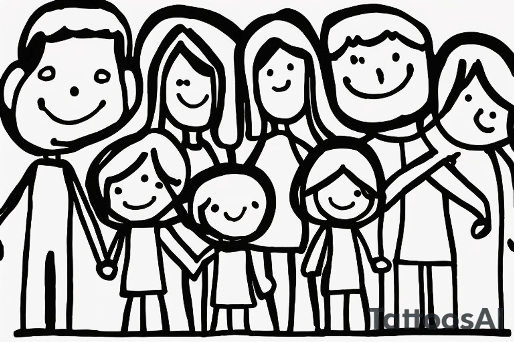 Stickman drawing of family with dad, mum, little girl and little boy holding hands tattoo idea