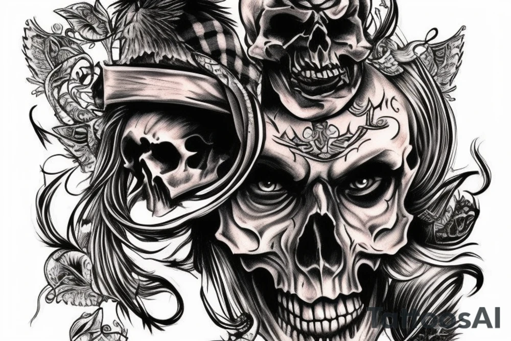 Wild west demon human face half skull tattoo idea