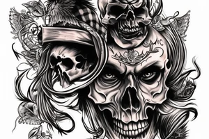 Wild west demon human face half skull tattoo idea