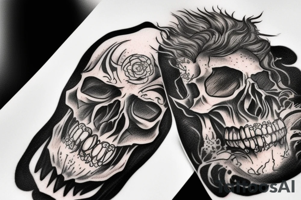 Wild west demon human face half skull tattoo idea