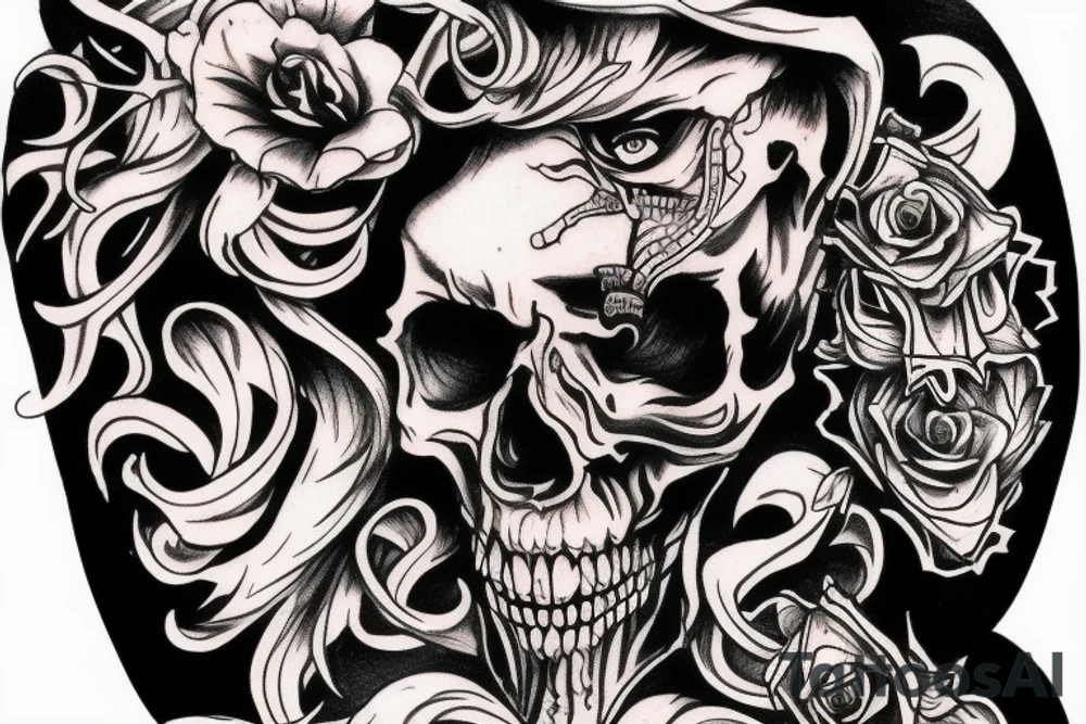 Wild west demon human face half skull tattoo idea