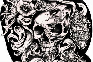 Wild west demon human face half skull tattoo idea