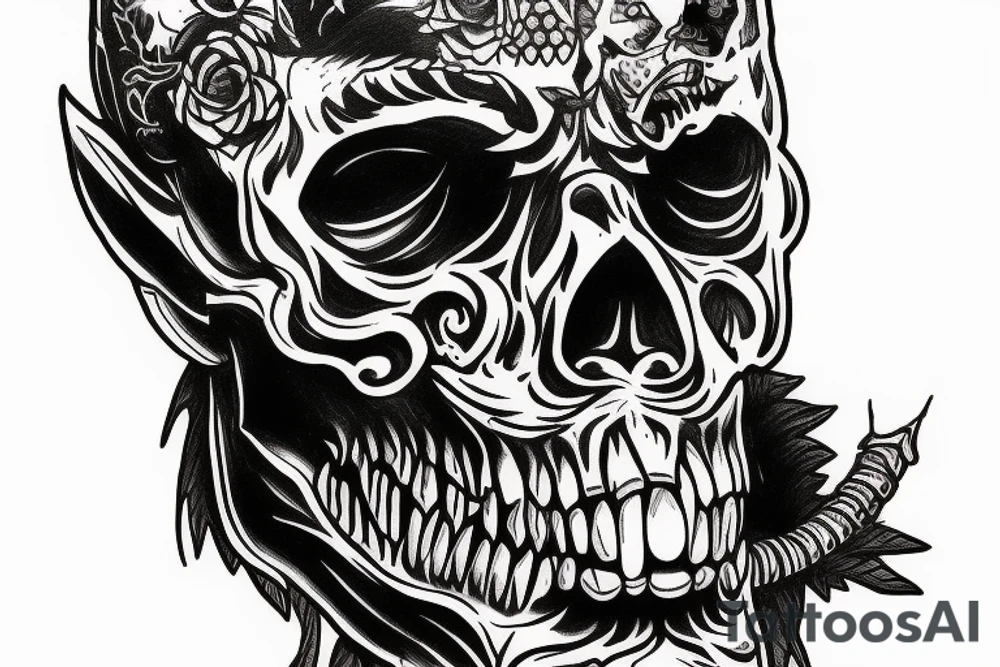Wild west demon human face half skull tattoo idea