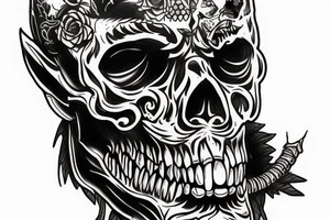 Wild west demon human face half skull tattoo idea